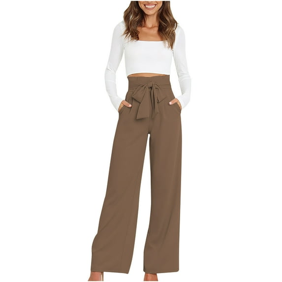 RYRJJ Straight Wide Leg Long Trousers with Tie Belt for Women Pleated Front High Waisted Business Work Pants Elegant Dress Trousers(Khaki,M)