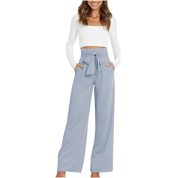 RYRJJ Straight Wide Leg Long Trousers with Tie Belt for Women Pleated Front High Waisted Business Work Pants Elegant Dress Trousers(Sky Blue,L)
