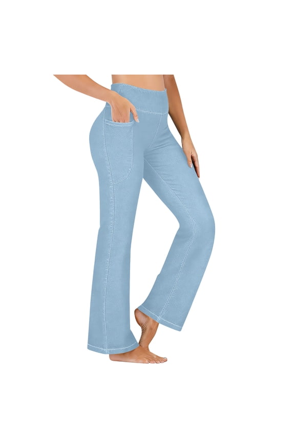 Stretchy Flare Jeans for Women High Waisted Pull On Bell Bottom Jeans Trendy Elastic Tummy Control Bootcut Denim Pants with Pockets(Light Blue,L)