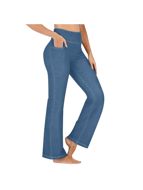 Stretchy Flare Jeans for Women High Waisted Pull On Bell Bottom Jeans Trendy Elastic Tummy Control Bootcut Denim Pants with Pockets(Blue,XXL)