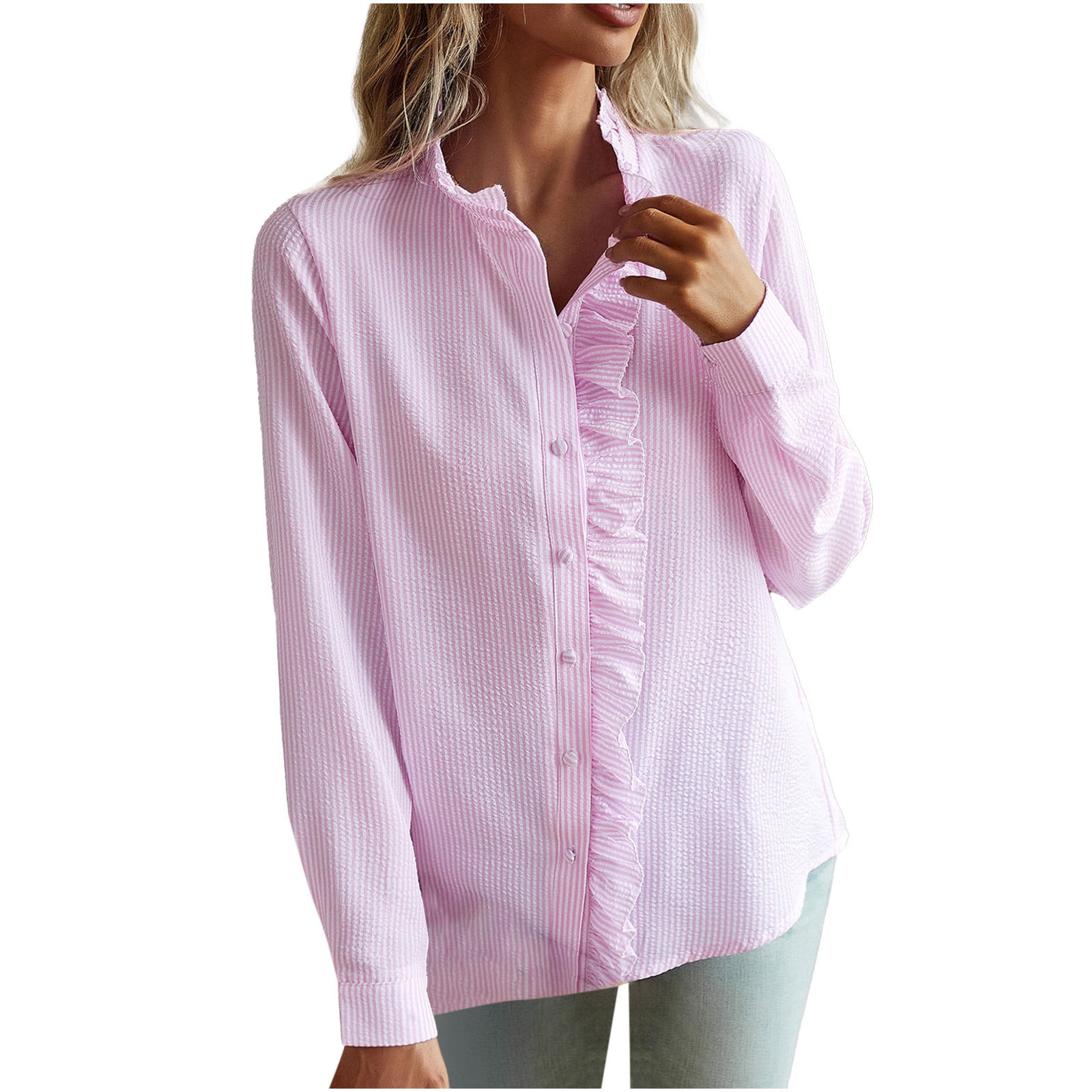 RYRJJ Striped Button Down Shirts for Women Elegant Ruffle Trim Stand ...