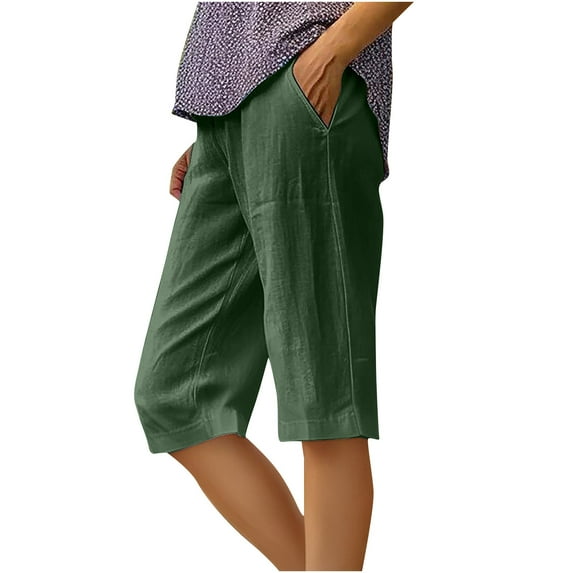 RYRJJ Summer Bermuda Shorts for Women Knee Length Trendy Cotton Linen Shorts Lightweight Casual Beach Short Pants with Pockets(Army Green,XL)