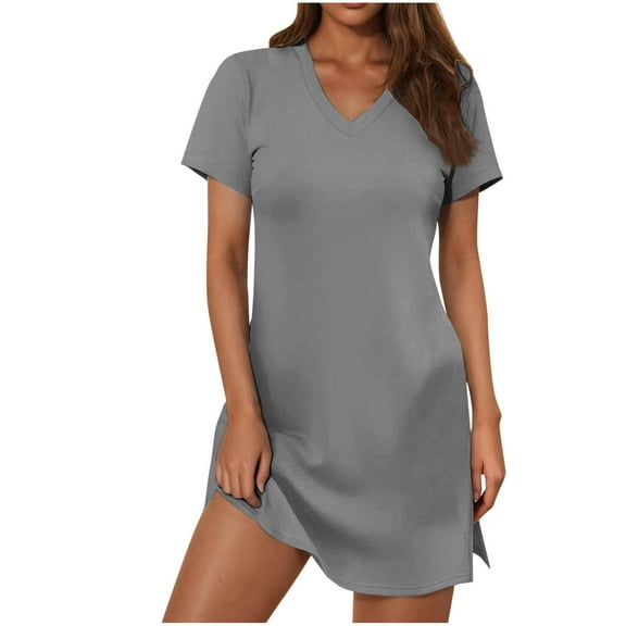 RYRJJ Summer Casual Dresses for Women Mini Vacation Dress V-Neck Short Sleeve Split Hem Beach T-Shirt Dress(Dark Gray,L)