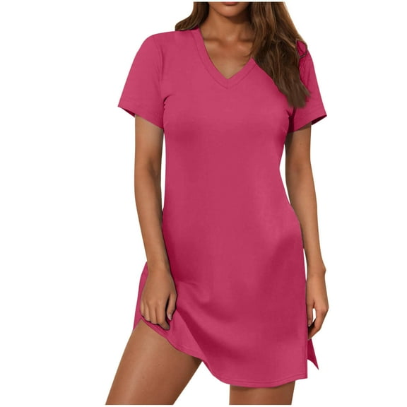 RYRJJ Summer Casual Dresses for Women Mini Vacation Dress V-Neck Short Sleeve Split Hem Beach T-Shirt Dress(Hot Pink,S)