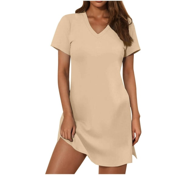 RYRJJ Summer Casual Dresses for Women Mini Vacation Dress V-Neck Short Sleeve Split Hem Beach T-Shirt Dress(Khaki,S)