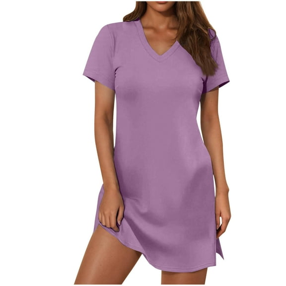 RYRJJ Summer Casual Dresses for Women Mini Vacation Dress V-Neck Short Sleeve Split Hem Beach T-Shirt Dress(Purple,XXL)