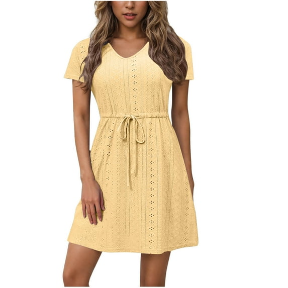 RYRJJ Summer Casual Dresses for Women Trendy Eyelet Mini Vacation Dress V-Neck Short Sleeve Drawstring Waist Beach Sundress(Beige,L)