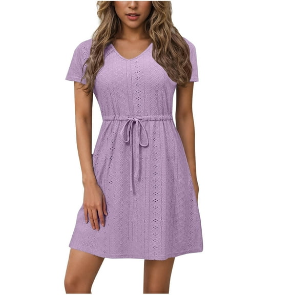 RYRJJ Summer Casual Dresses for Women Trendy Eyelet Mini Vacation Dress V-Neck Short Sleeve Drawstring Waist Beach Sundress(Purple,S)