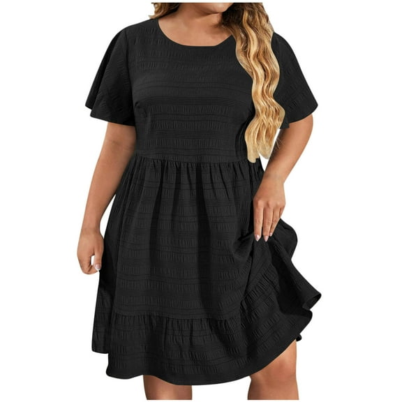 RYRJJ Summer Dresses for Women Plus Size Short Sleeve Crewneck Dress Dressy Casual Ruffle Flowy Beach Short Dresses(Black,L)
