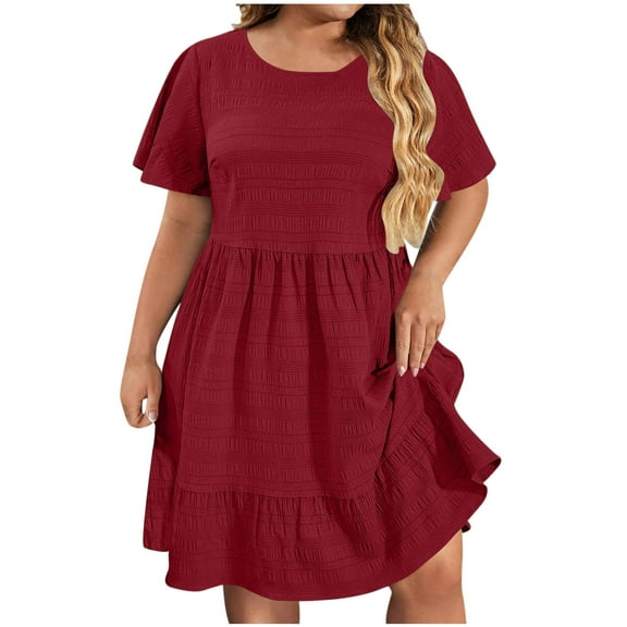 RYRJJ Summer Dresses for Women Plus Size Short Sleeve Crewneck Dress Dressy Casual Ruffle Flowy Beach Short Dresses(Wine,L)