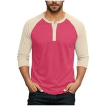 RYRJJ Summer Henley Shirts for Men Raglan 3/4 Sleeve Jersey Baseball T-Shirts Casual Cotton Sport Athletic Tee Tops(Hot Pink,3XL)