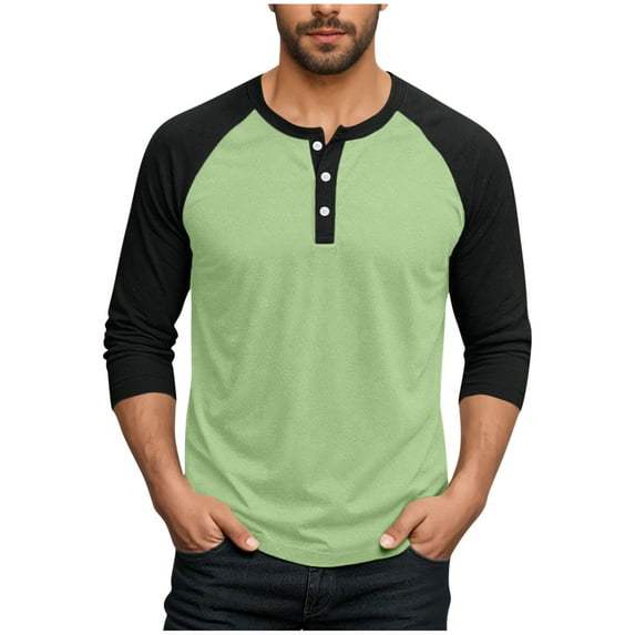 RYRJJ Summer Henley Shirts for Men Raglan 3/4 Sleeve Jersey Baseball T-Shirts Casual Cotton Sport Athletic Tee Tops(Light Green,3XL)