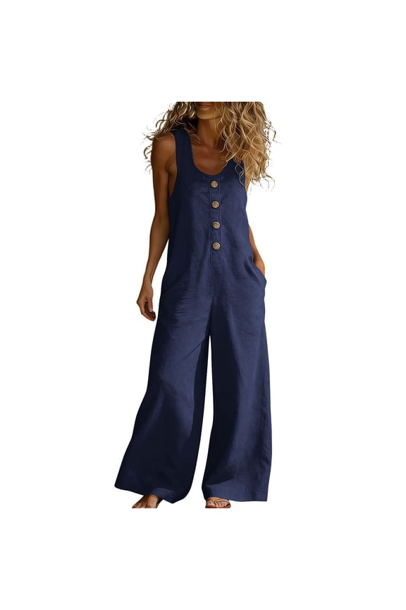 Summer Jumpsuits for Women Button Down Sleeveless Casual Jumpers Loose Wide Legs Rompers Overalls Pants with Pockets(Navy,M)