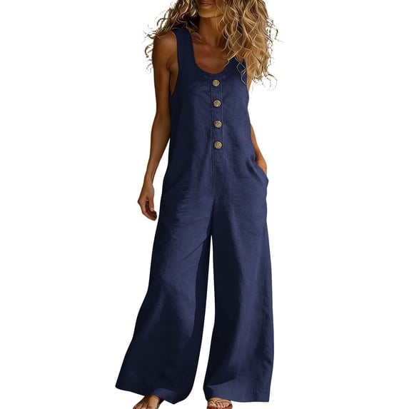 RYRJJ Summer Jumpsuits for Women Button Down Sleeveless Casual Jumpers Loose Wide Legs Rompers Overalls Pants with Pockets(Navy,S)