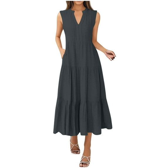 RYRJJ Summer Maxi Dresses for Women Casual Boho Sundresses Sleeveless V-Neck Pleated Beach Vacation Tank Dress with Pockets(Dark Gray,XXL)