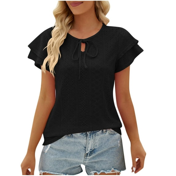 RYRJJ Summer Ruffle Short Sleeve Shirts for Women Loose Fit Eyelet T Shirt Lace-Up V Neck Tunic Blouse Hollow Out Work Tops(Black,XL)