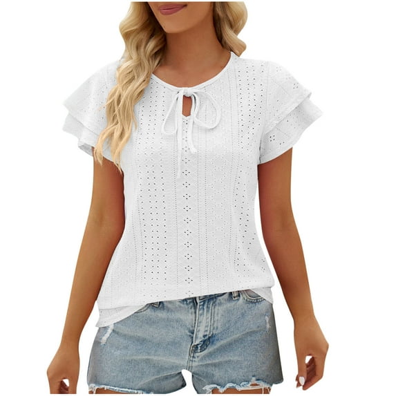 RYRJJ Summer Ruffle Short Sleeve Shirts for Women Loose Fit Eyelet T Shirt Lace-Up V Neck Tunic Blouse Hollow Out Work Tops(White,S)