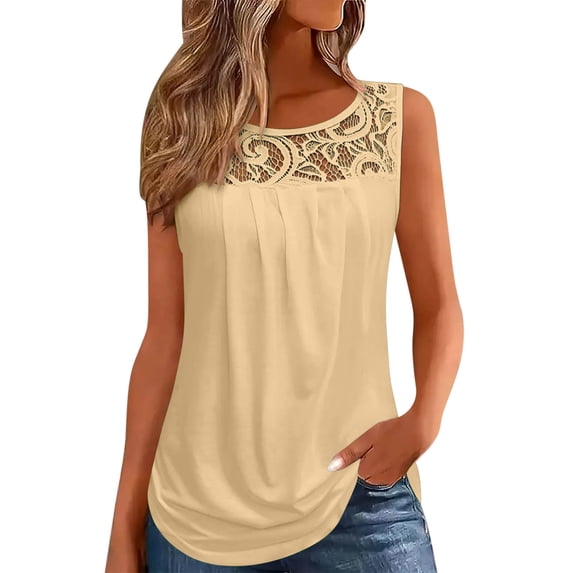 RYRJJ Summer Tank Tops for Women Loose Fit Pleated Tunics Scoop Neck Sleeveless Lace Tops Curved Hem Flowy Shirts(Beige,L)