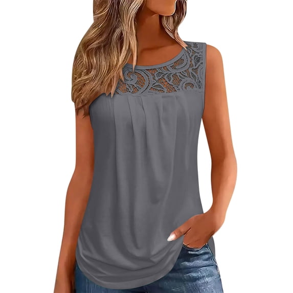 RYRJJ Summer Tank Tops for Women Loose Fit Pleated Tunics Scoop Neck Sleeveless Lace Tops Curved Hem Flowy Shirts(Dark Gray,XL)