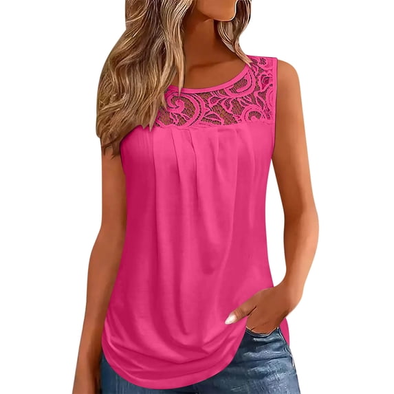 RYRJJ Summer Tank Tops for Women Loose Fit Pleated Tunics Scoop Neck Sleeveless Lace Tops Curved Hem Flowy Shirts(Hot Pink,L)