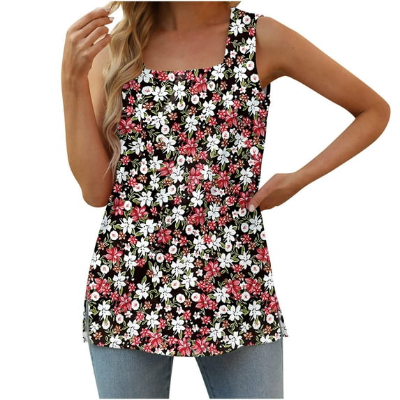 RYRJJ Summer Tank Tops for Women Square Neck Loose Fit Casual Tunics Fashion Flowy Sleeveless Side Slit T Shirts(Red,S)