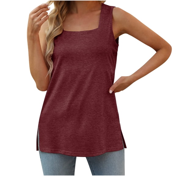 RYRJJ Summer Tank Tops for Women Square Neck Loose Fit Casual Tunics Fashion Flowy Sleeveless Side Slit T Shirts(Wine,M)