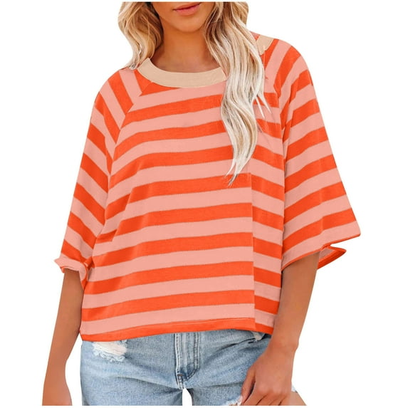RYRJJ Summer Tops for Women Trendy Striped Crew Neck Short Sleeve Oversized T Shirts Color Block Casual Basic Tee Blouse(Orange,XL)
