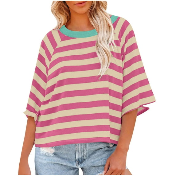 RYRJJ Summer Tops for Women Trendy Striped Crew Neck Short Sleeve Oversized T Shirts Color Block Casual Basic Tee Blouse(Pink,XXL)