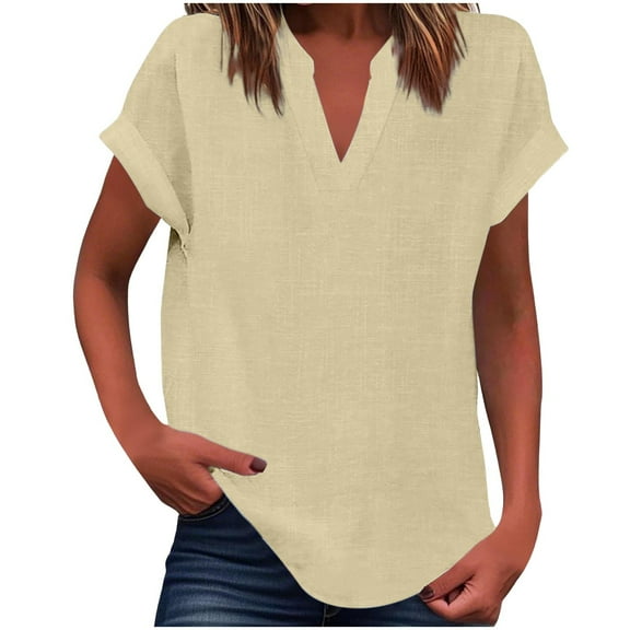 RYRJJ Summer Tops for Women Plus Size Casual Short Sleeve Cotton Linen Shirts V Neck Tunic Loose Fit Beach Blouse(Beige,5XL)