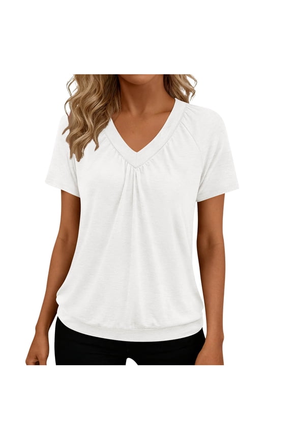 Summer Tops for Women Short Sleeve V Neck Basic T Shirts Dressy Casual Loose Fit Ruched Blouse Banded Bottom Tees
