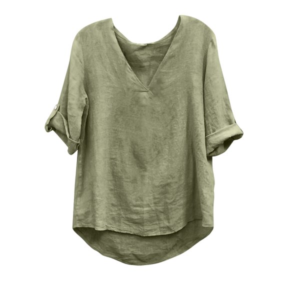 RYRJJ Summer Tops for Women Short Sleeve V Neck Cotton Linen Tunic Loose T Shirts Plus Size Casual Dressy Blouse(Green,XL)
