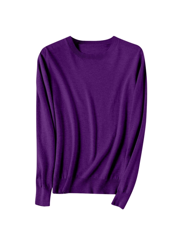 Sweaters for Women Base Layer Shirt Tops Lightweight Soft Crewneck Long Sleeve Solid Color Knitted Pullover Sweater(Purple,XL)