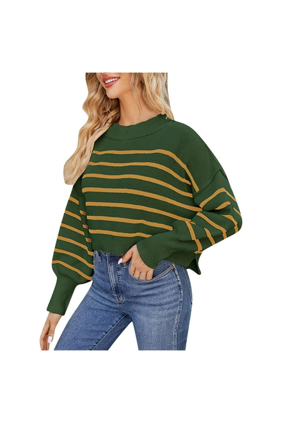 Sweaters for Women Crewneck Striped Cropped Sweater Long Sleeve Side Slit Trendy Oversized Pullover Jumper Tops(Army Green,L)