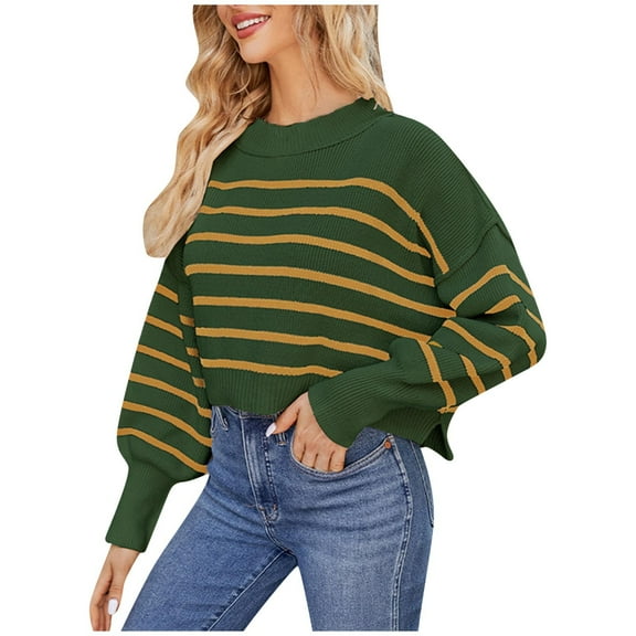 RYRJJ Sweaters for Women Crewneck Striped Cropped Sweater Long Sleeve Side Slit Trendy Oversized Pullover Jumper Tops(Army Green,M)