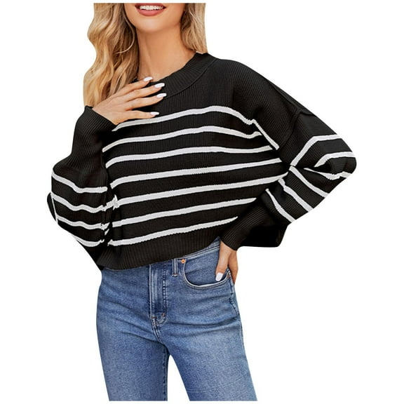 RYRJJ Sweaters for Women Crewneck Striped Cropped Sweater Long Sleeve Side Slit Trendy Oversized Pullover Jumper Tops(Black,M)