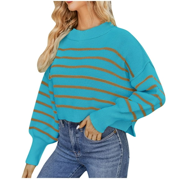RYRJJ Sweaters for Women Crewneck Striped Cropped Sweater Long Sleeve Side Slit Trendy Oversized Pullover Jumper Tops(Sky Blue,M)