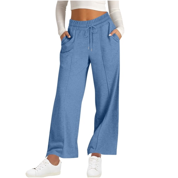 RYRJJ Sweatpants for Women Casual High Waisted Wide Leg Joggers Pants Fall Fashion Loose Comfy Trousers with Pockets(Blue,L)