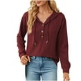 thumbnail image 1 of RYRJJ Sweatshirt for Women Cable Knit Solid Hoodies Pullover Sweaters Long Sleeve Button Collar Loose Tunic Tops with Drawstring(Wine,M), 1 of 9