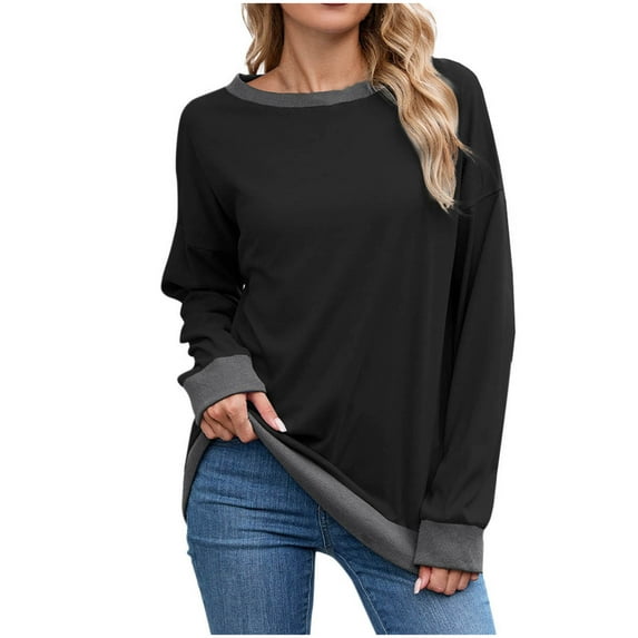 RYRJJ Sweatshirts for Women Crewneck Long Sleeve Loose Fit Tops Color Block Ribbed Trim Fashion Pullover Shirts(Black,S)