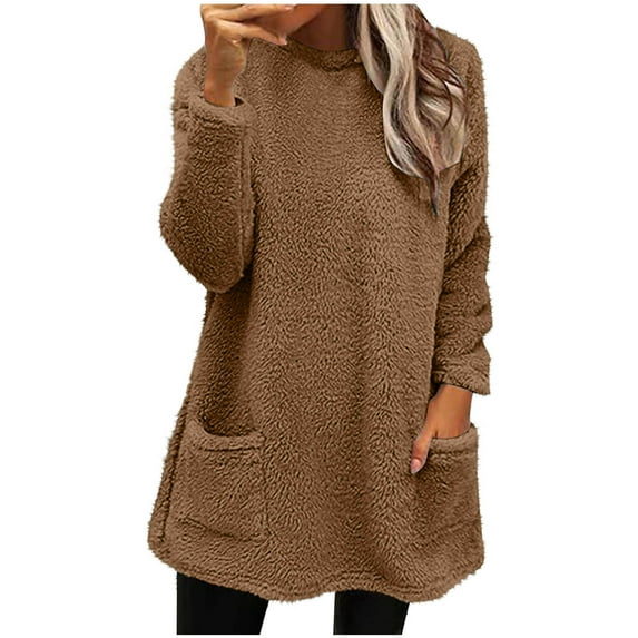 RYRJJ Sweatshirts for Women Trendy Fuzzy Fleece Pullover Sherpa Warm Long Tops Oversized Round Neck Casual Shirts Fluffy Tunic with Pockets(Brown,M)