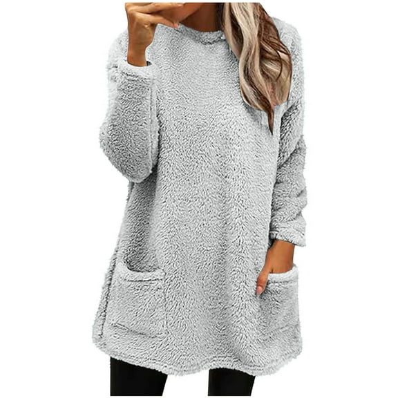 RYRJJ Sweatshirts for Women Trendy Fuzzy Fleece Pullover Sherpa Warm Long Tops Oversized Round Neck Casual Shirts Fluffy Tunic with Pockets(Gray,S)