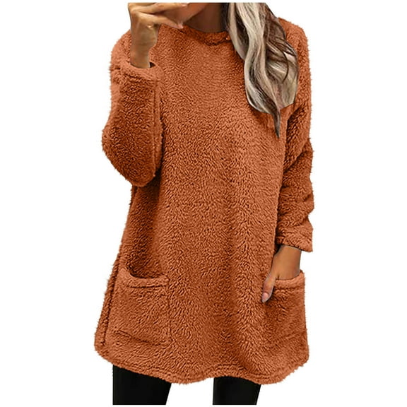 RYRJJ Sweatshirts for Women Trendy Fuzzy Fleece Pullover Sherpa Warm Long Tops Oversized Round Neck Casual Shirts Fluffy Tunic with Pockets(Orange,S)