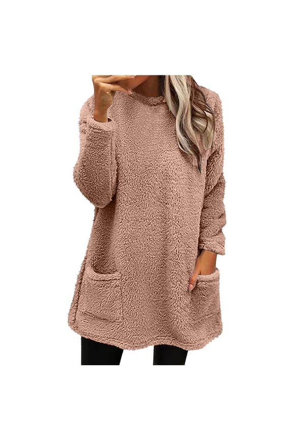 Sweatshirts for Women Trendy Fuzzy Fleece Pullover Sherpa Warm Long Tops Oversized Round Neck Casual Shirts Fluffy Tunic with Pockets(Pink,XXL)