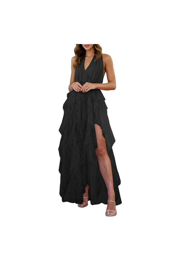 Tiered Tulle Prom Dress for Women Elegant Evening Maxi Dresses Halter V-Neck Formal Party Ball Gowns with Slit(Black,S)