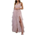 thumbnail image 1 of RYRJJ Tiered Tulle Prom Dress for Women Elegant Evening Maxi Dresses Halter V-Neck Formal Party Ball Gowns with Slit(Pink,M), 1 of 9