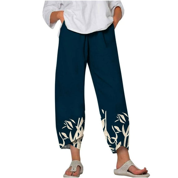 RYRJJ Trendy Summer Capri Pants for Women Butterfly Print Cotton Linen Baggy Pant Elastic Waisted Wide Leg Cropped Lounge Trousers(Navy,M)