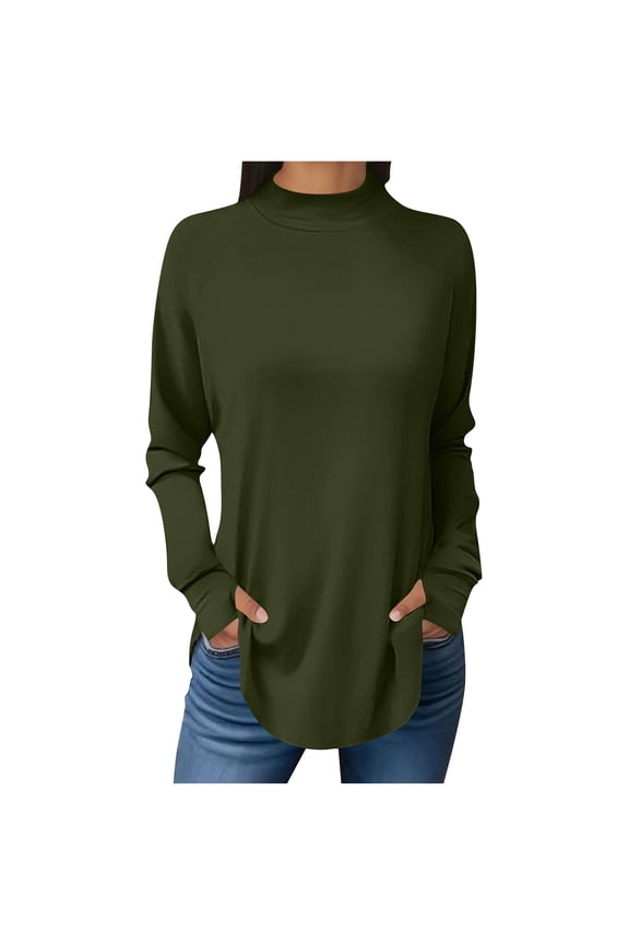Tunic Tops for Women Casual Long Sleeve Mock Turtleneck Shirts Thumb Hole Curved Hem Tops Spring Fall Fashion Blouse(Army Green,S)