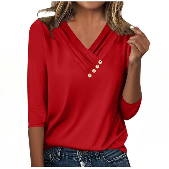 RYRJJ V Neck Blouses for Women Dressy Casaul 3/4 Length Sleeve Womens Tops Buttons Decor Pleated Loose Fit Shirts(Red,S)