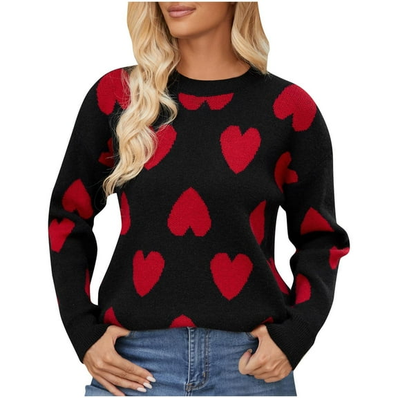 RYRJJ Valentines Day Sweaters for Women Cute Love Heart Print Knitted Sweater Top Casual Crewneck Long Sleeve Sweaters Pullover(Black,L)