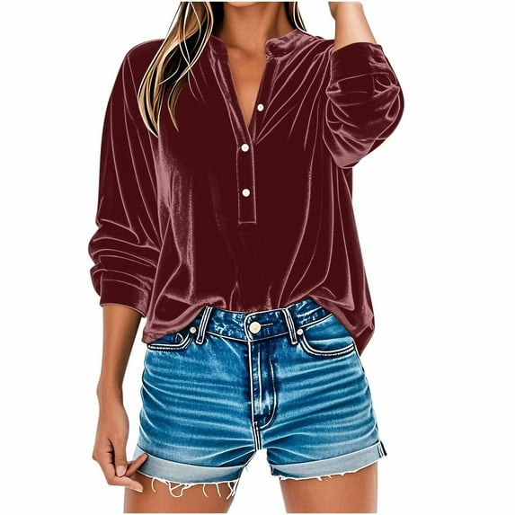 RYRJJ Velvet Tops for Women Plus Size Button V-Neck Long Sleeve Velour Henely Shirts Ladies Dressy Casaul Blouses Fall Fashion(Wine,L)
